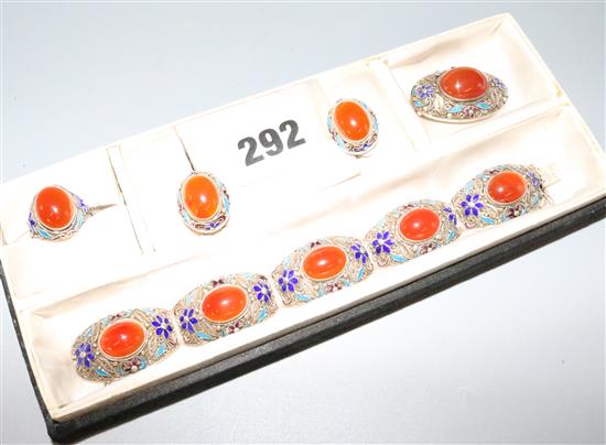 Silver and enamel bracelet, rings etc